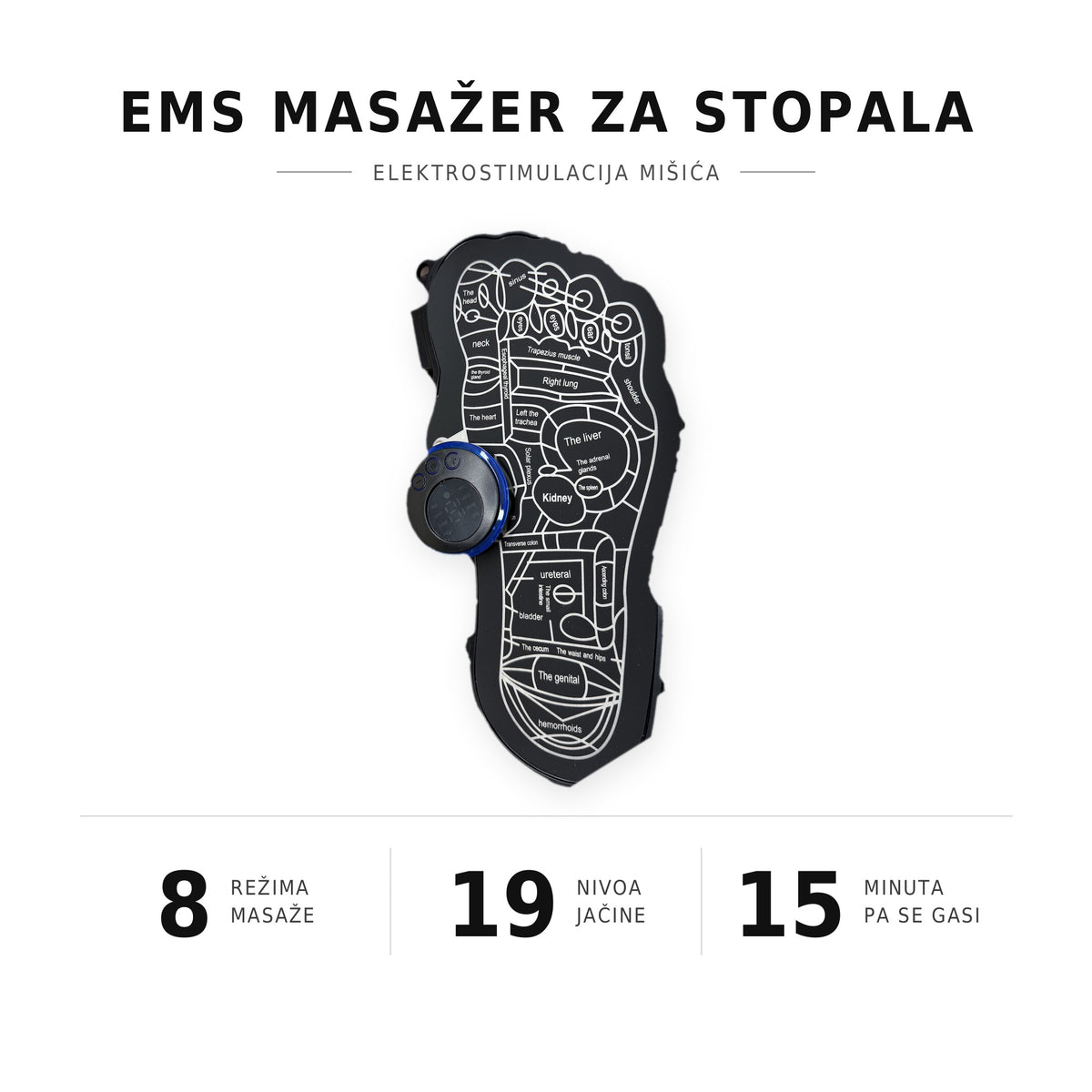 Infografika, 8 režima masaže, 19 nivoa jačine, gasi se sam posle 15 minuta