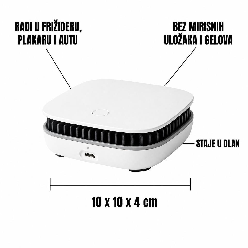 Infografika, radi u frižideru plakaru i autu, bez mirisnih uložaka, dimenzije 10 x 10 x 4 cm