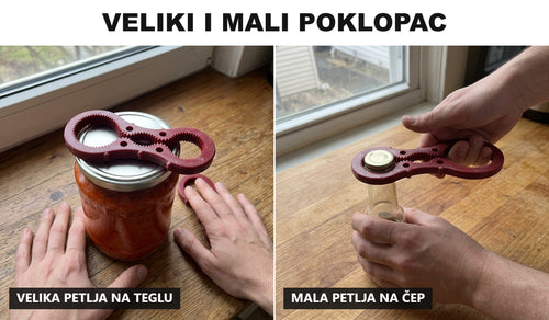 Velika petlja nameštena na poklopac tegle, mala petlja nameštena na čep flašice